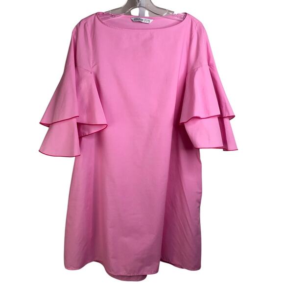 Zara Basic Mini Dress Wns Size M Pink Ruffle Short Sleeve Barbie Simple Feminine - Picture 1 of 8